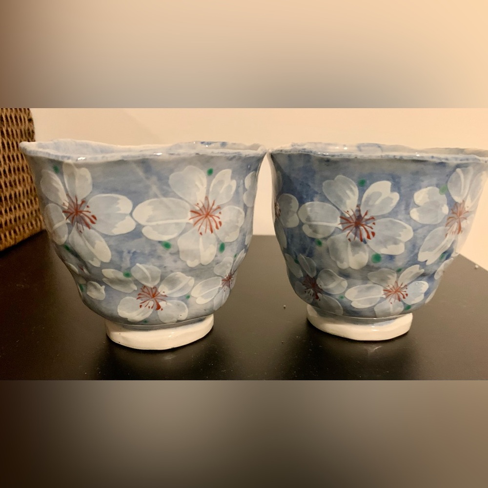 Japanese Hand-Painted Floral Ceramic Teacups - Blue & White